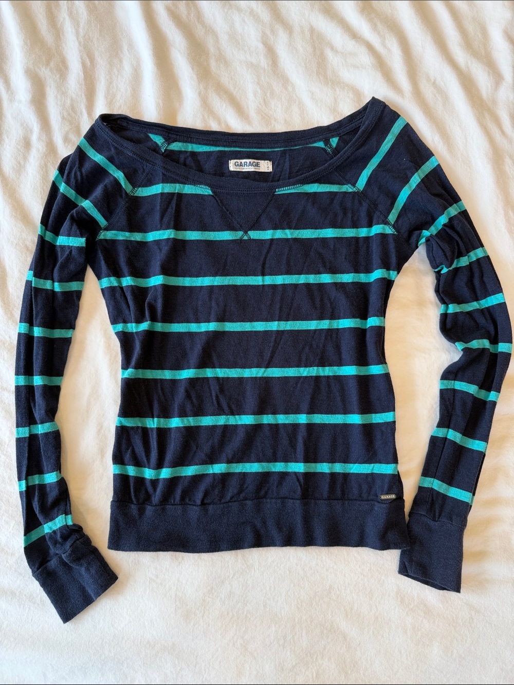 Garage Navy and Teal Striped Long Sleeve Boatneck Top XS